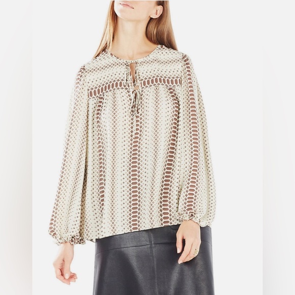 BCBGMaxAzria Lorella Pattern Long Balloon Sleeves Blouse Chiffon Career Formal - Picture 2 of 11